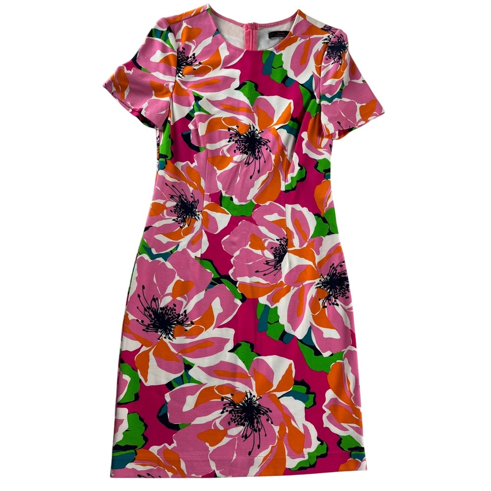 Trina Turk Floral Sheath Dress Pink Orange Knit Stretch Short Sleeve Size S